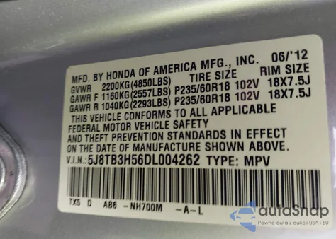2013 Acura Rdx from USA, damaged, VIN 5J8TB3H56DL004262